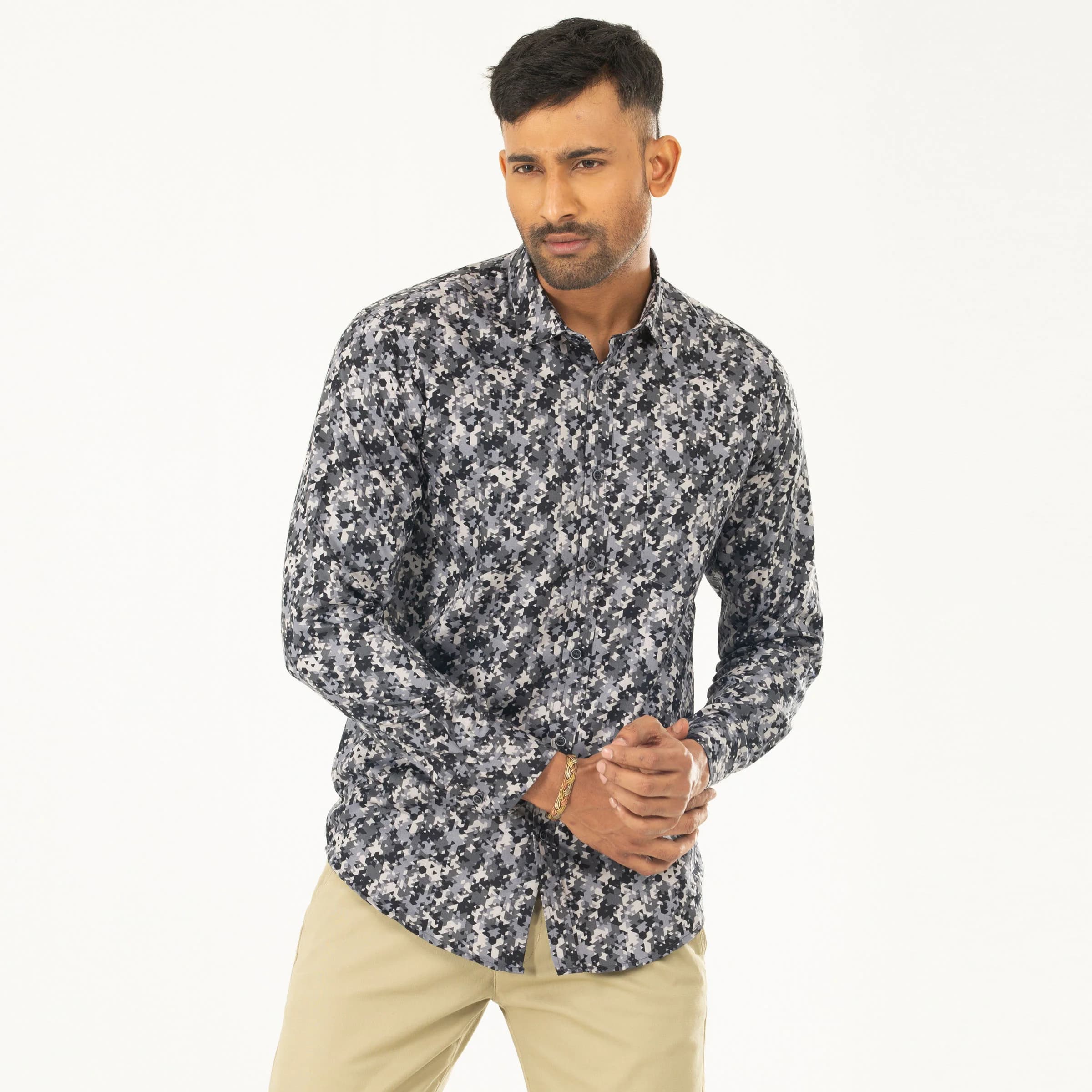Printed Casual Full shirt - Grey & Black